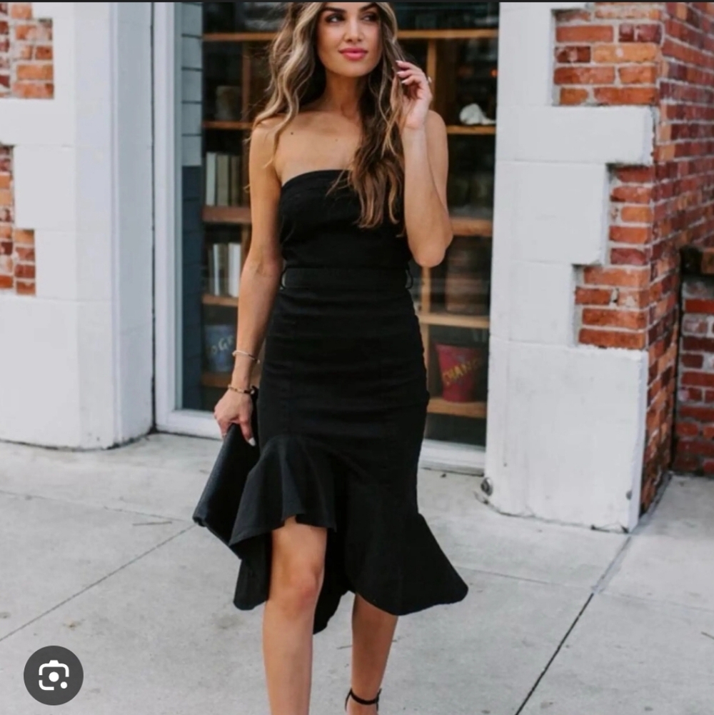 Vici Strapless Black Denim Dress with Ruffle Hem